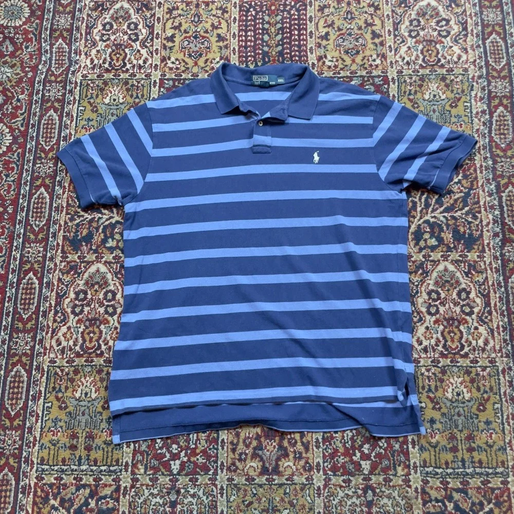 VTG 90s Polo Ralph Lauren XXL Blue Striped Short Sleeve Cotton Polo Shirt Navy